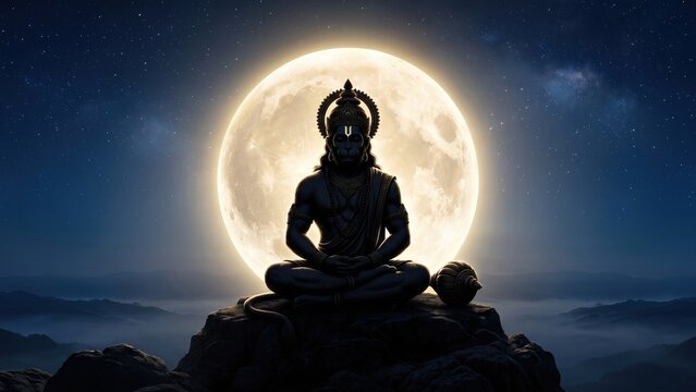 Divine Hanuman Meditation Under Full Moon Wallpaper
