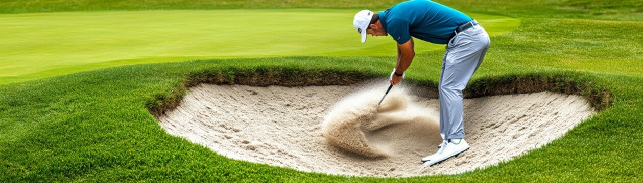 Dynamic action Golfer's powerful bunker shot with sand explosion on a vibrant green course, showcasing skill and challenge, Golf ,Bunker Shot