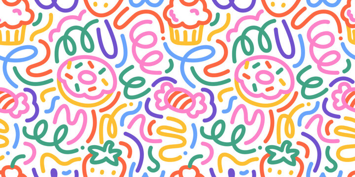 Rainbow doodle pattern with bold looping lines, donuts, strawberries and candy shapes on white background, creating bright retro seamless repeat. Сreative art background for children. Scribble style.