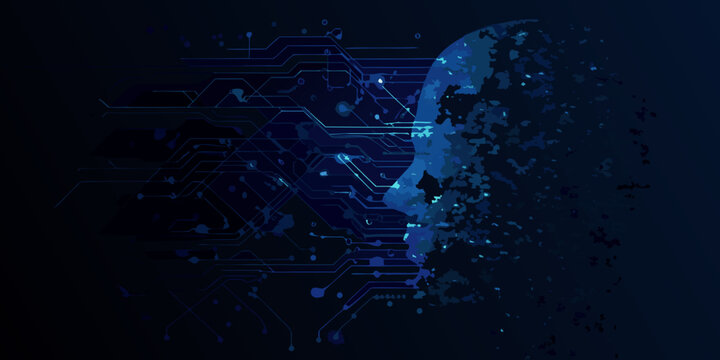 Human head profile with circuit board and dissolving effect digital illustration