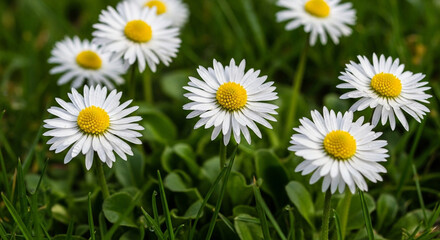 Obraz premium Daisies blooming in sunlight on grassy background