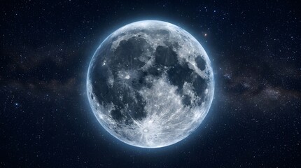 Fototapeta premium Realistic full moon illustration with detailed craters and blue halo against starry night sky