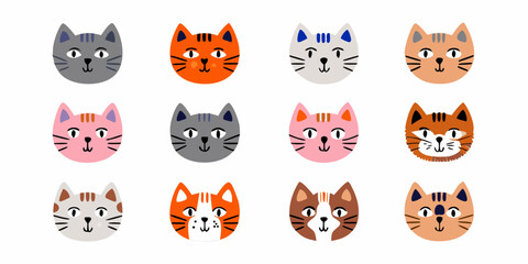 Collection Of Stylized Cat Faces Colorful Vector Illustration On White Background © VectorArtKing