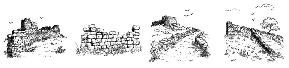 Ancient stone wall ruins and old historical pathways in vintage hand drawn style © Kaz