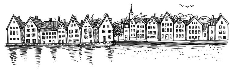 Naklejka premium Old town waterfront houses with water reflection in european harbor in hand drawn engraving style