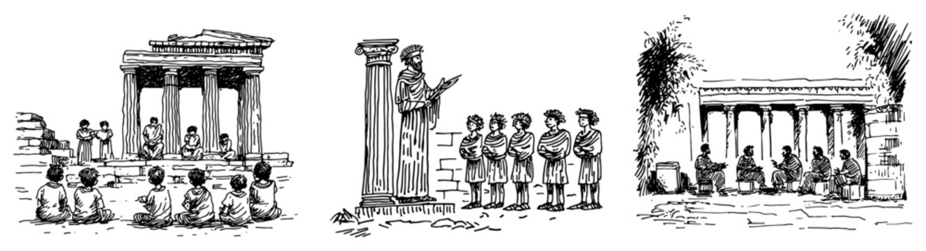 Ancient greek philosophers and citizens teaching and discussing at temple ruins set of hand drawn vintage sketches