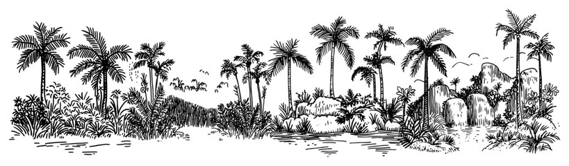 Tropical island panorama with palm trees and exotic vegetation in vintage engraving style © Kaz