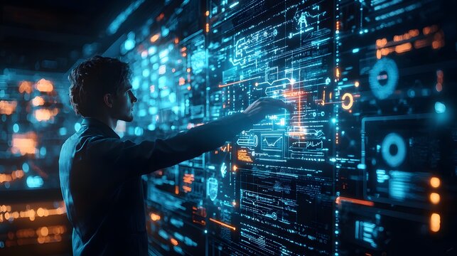 Digital dashboard interaction with glowing virtual interface and hand picture