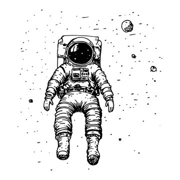 Astronaut floating in outer space among stars and planets in hand drawn sketch style