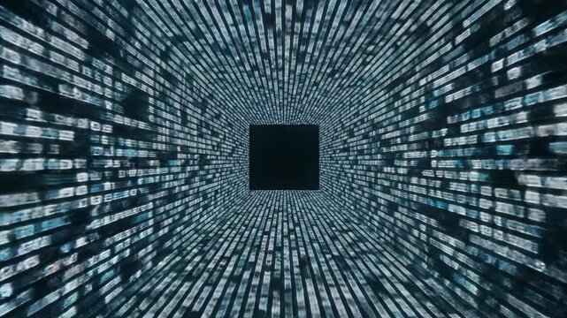 Digital tunnel with glowing binary code creating an abstract technology background