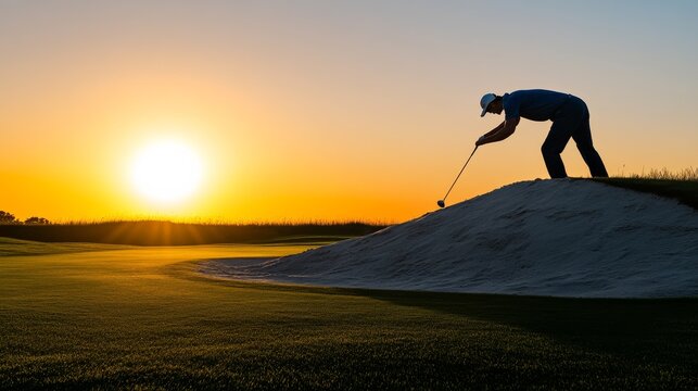Golfer's Sunset Bunker Shot Silhouette preparing to hit from a sand trap on a golden course at dusk. Capturing the challenge and beauty of the game., Golf, Sunset