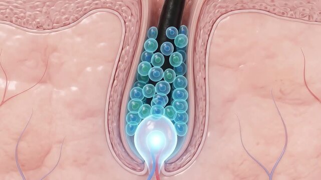 3D Hair Follicle With Blue Stem Cell Serum Droplet Penetrating Into Open Scalp Layer