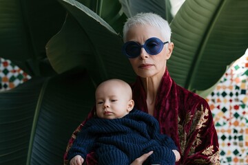 Naklejka premium Elderly woman holding baby in botanical courtyard setting