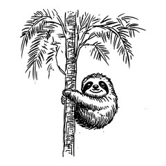 Fototapeta premium Cute sloth climbing a palm tree trunk hand drawn line art sketch