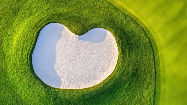 High-angle drone shot a brilliant white sand bunker's sculpted curves and soft shadows contrast with vibrant green golf course, an abstract landscape design. Golf, Pattern