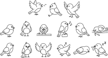 Fototapeta premium Cute cartoon bird vector character set, minimalist line art little birds with different emotions isolated on white background.