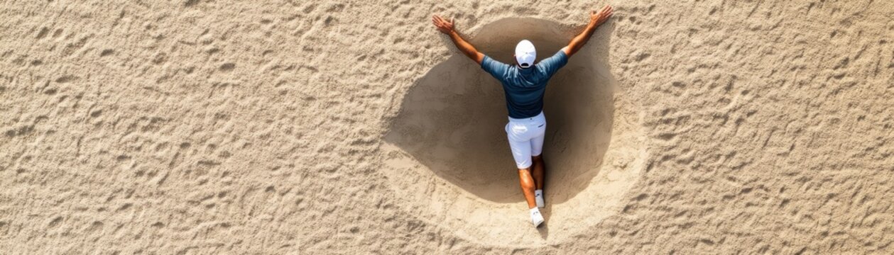 High-angle shot Golfer in despair, splayed in a vast sand bunker, arms wide in surrender to the challenging golf course. Unique aerial view. Golf, Bunker