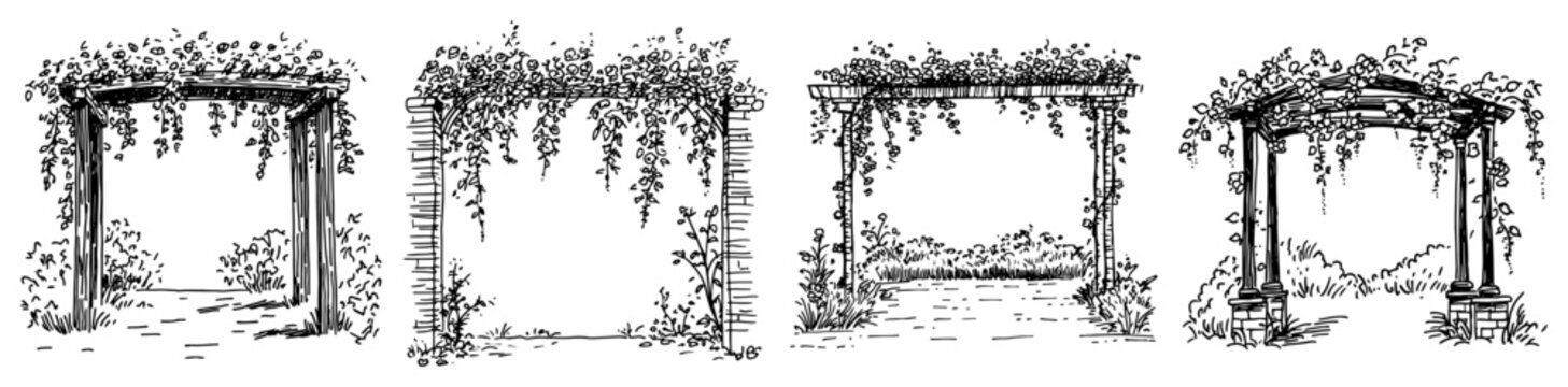 Garden pergolas and wooden arbors covered with climbing plants in hand drawn sketch style