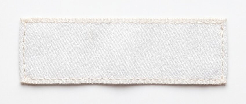 A blank white rectangular textile clothing label with stitched borders, lying flat on a pure white background. Minimalist, high details of fabric texture, soft lighting, perfect for mockup, photoreali