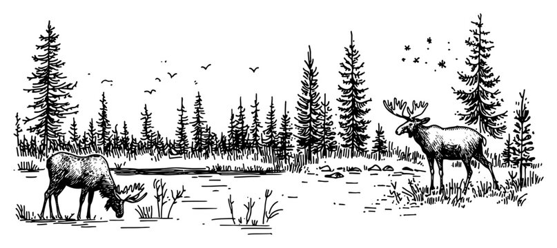 Moose grazing in a pine forest wilderness landscape vintage engraving