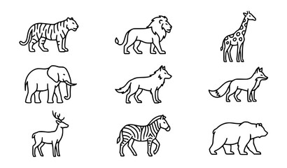Wild Animal Outline Collection with Tiger Lion Bear and Zebra Vector Set © Songkari