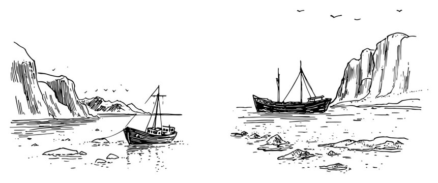 Fishing boats in cold sea with rocky cliffs set of hand drawn vintage ink sketches