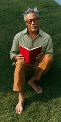 Fototapeta premium Older man sitting on grass reading red book outdoors