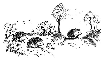 Hedgehogs walking on forest path near trees in vintage hand drawn sketch style © Kaz