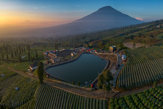 Aerial view of Embung Bansari Reservoir, Temanggung, Central Java, Indonesia.