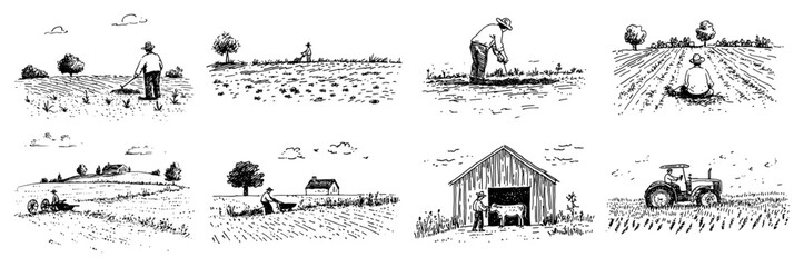 Farmers working in fields with tractor and barn vintage sketch set © Kaz