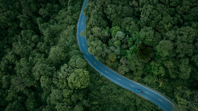 Aerial view of a winding road cutting through dense tropical forest representing sustainable transport, green economy and ESG investment concept. Perfect for environment, mobility, finance or business