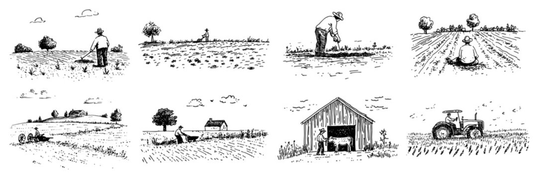 Farmers working in fields with tractor and barn vintage sketch set