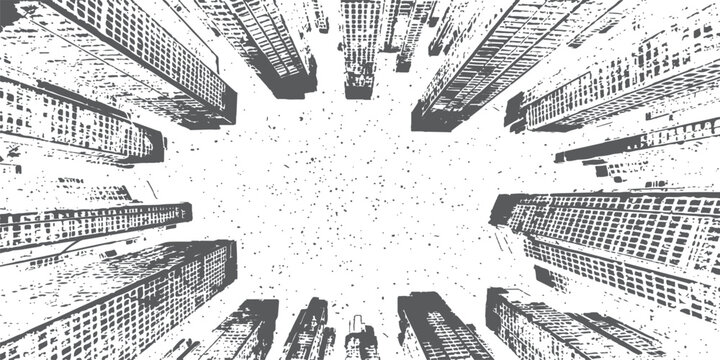 Black and white sketch of tall city skyscrapers looking up from street level Vector, illustration