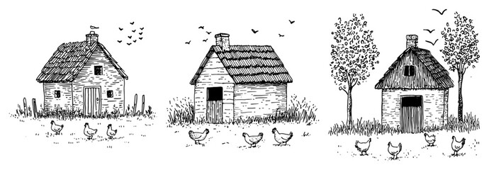 Hen house coops and rustic farm cottages with chickens set of hand drawn vintage ink sketches © Kaz