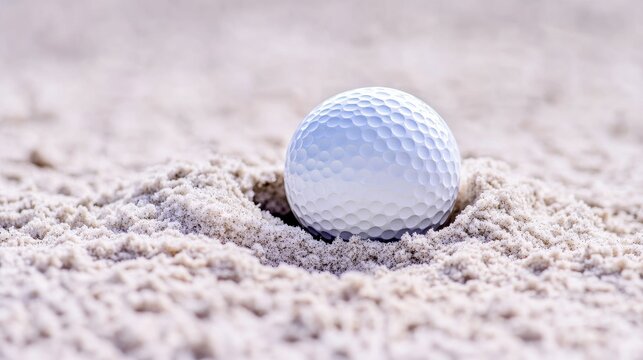 Macro shot pristine white golf ball deeply entrenched in powdery light sand, shallow depth of field, representing a difficult golf bunker shot,Golfing, Hazard