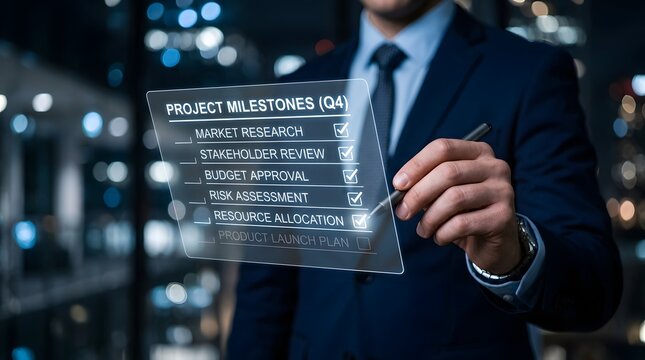 Business professional reviewing q4 project milestones checklist on a transparent digital display with a blurred city backdrop