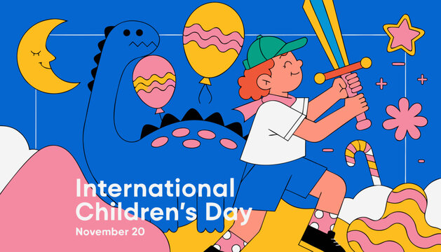 International Children's Day, kid celebration, colorful illustration, vector graphics, festive icons