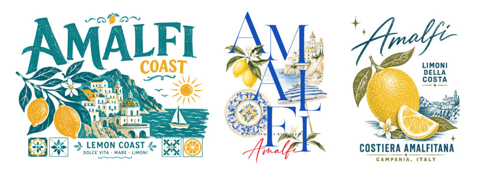 Vintage Amalfi Coast vector poster set with lemons, seaside village, ceramic tiles, sailboat, sun, Italian lettering, coastal landscape and Mediterranean travel illustration on a transparent backgroun