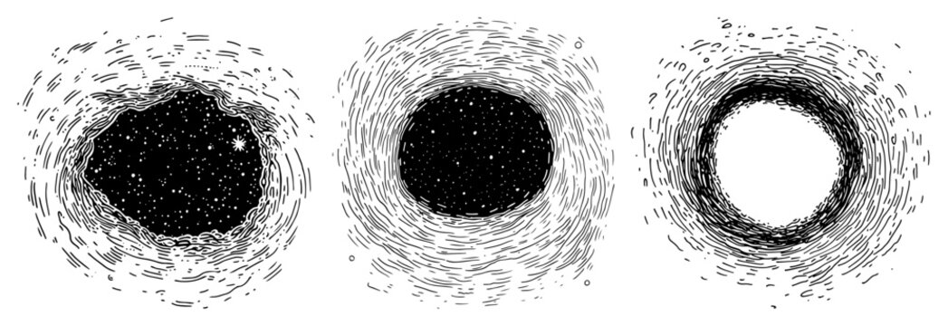Celestial portals and black holes with starry backgrounds in vintage engraving style