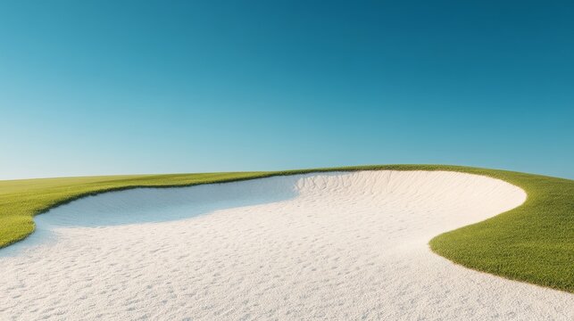 Minimalist Golf Bunker Dynamic white sand trap curves meet vibrant green turf under a clear blue sky. A serene, graphic landscape. ,golf course,tranquility