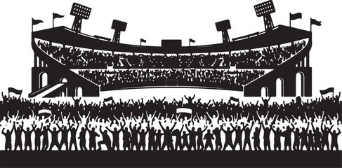 Black silhouette of a large stadium crowded with excited cheering fans and sports arena lights © RAYHAN