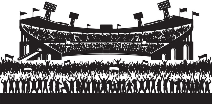 Black silhouette of a large stadium crowded with excited cheering fans and sports arena lights