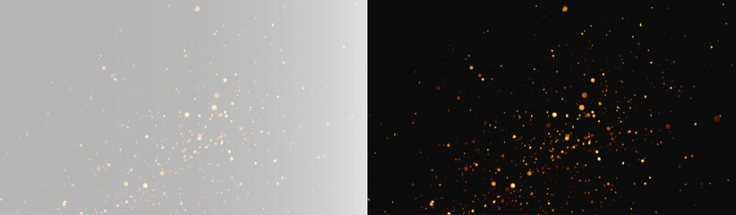 Realistic gold sparkles blast texture set, atmospheric glowing magic dust explosion and cinematic shiny bokeh glitter burst on contrast backgrounds © Maxim
