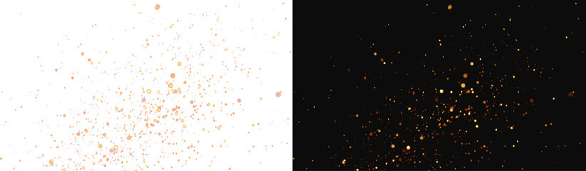 Realistic gold sparkles blast texture set, atmospheric glowing magic dust explosion and cinematic shiny bokeh glitter burst on contrast backgrounds © Maxim