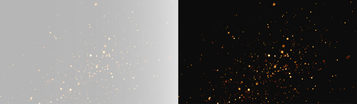 Realistic gold sparkles blast texture set, atmospheric glowing magic dust explosion and cinematic shiny bokeh glitter burst on contrast backgrounds