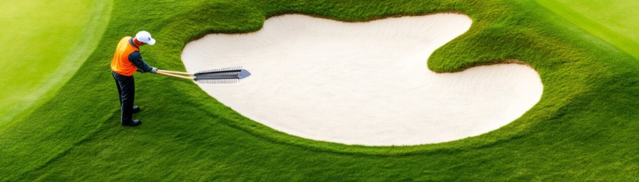 Overhead view Golf course groundskeeper meticulously rakes a kidney-shaped sand bunker, ensuring pristine play conditions amid vibrant green grass. Golf, Upkeep