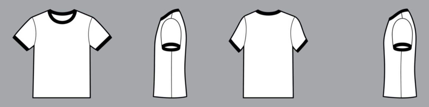 Ringer t-shirt vector template set mock up isolated on gray background. flat technical drawing template. Contrast neck T-Shirt illustration, front, back and side view. T-shirt Mock-up set.