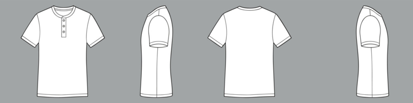 Henley shirt vector template set mock up isolated on gray background. flat technical drawing template. Button placket T-Shirt illustration, front, back and side view. Henley Mock-up set.