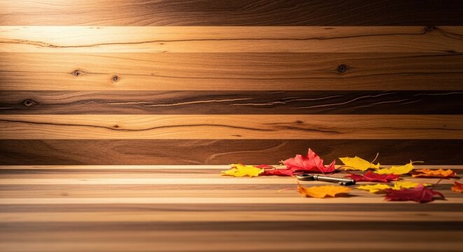 A wooden table with vibrant autumn leaves scattered on its surface, set against a rustic wood plank.