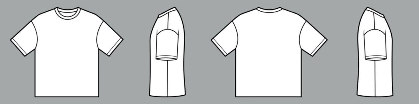 Oversized t-shirt vector template set mock up isolated on gray background. flat technical drawing template. Unisex Boxy T-Shirt illustration, front, back and side view. T-shirt Mock-up set.